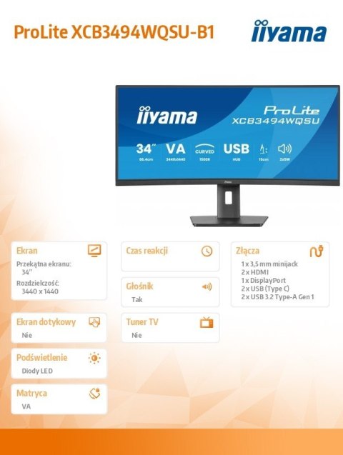 Monitor 34 cali XCB3494WQSU-B1 VA,UWQHD,1500R,2xHDMI,DP,2xUSB,2xUSB-C IIYAMA