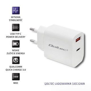 Ładowarka sieciowa | 18W | 5-12V | 1.5-3A | USB typ C PD | USB QC 3.0 | Biała Qoltec