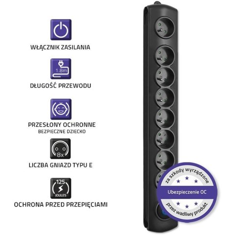 Listwa antyprzepięciowa | 8 gniazd | 1,8m Qoltec