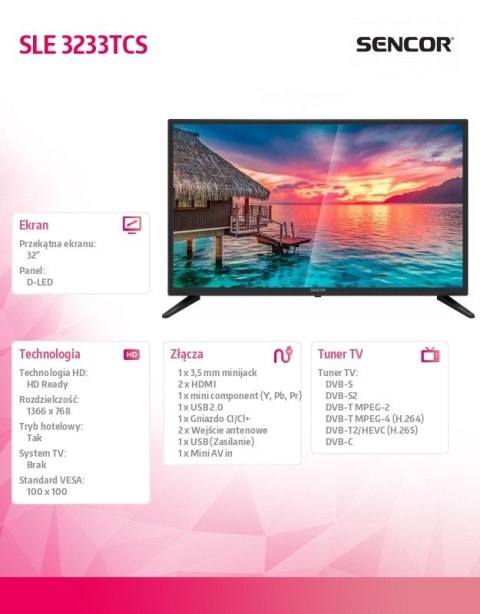 Telewizor 32 cale D-LED SLE 3233TCS DVB-T/T2/C/S/S2 Ci+ HEVC Sencor