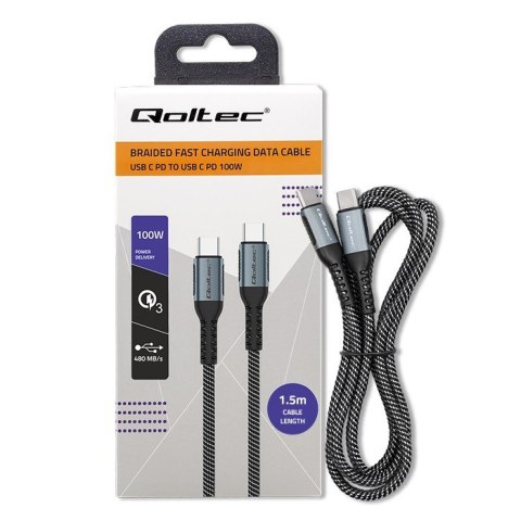 Kabel USB 2.0 typ C | USB 2.0 typ C 100W | QC 3.0| PD | 1.5m | Czarny Qoltec
