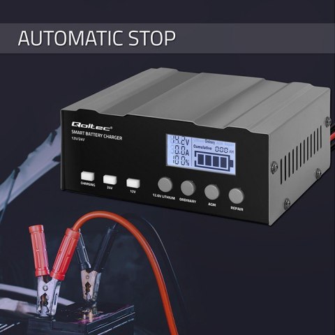 Inteligentna mikroprocesorowa ładowarka 12V | 12.6V | 24V |Prostownik z funkcją naprawy do akumulatora AGM GEL LiFePO4 | LCD Qoltec