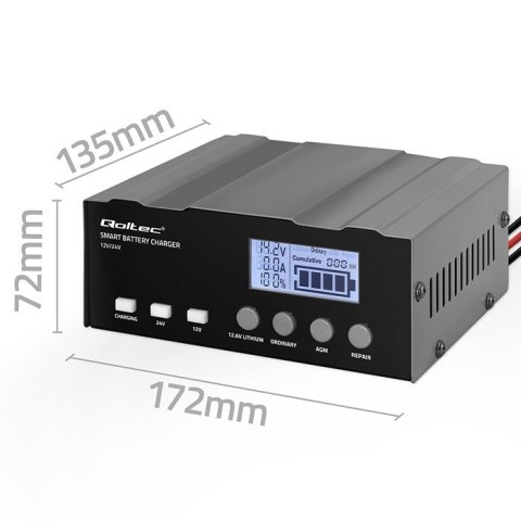 Inteligentna mikroprocesorowa ładowarka 12V | 12.6V | 24V |Prostownik z funkcją naprawy do akumulatora AGM GEL LiFePO4 | LCD Qoltec