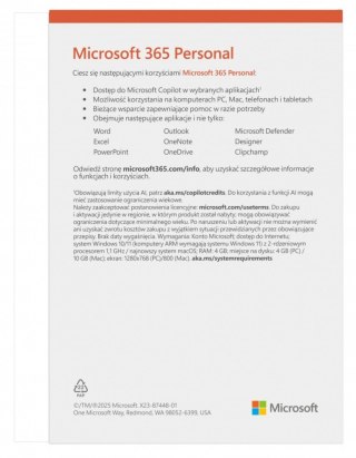 M365 Personal PL 1Y 1U 5D Win/Mac Box EP2-32454 Zastępuje P/N: QQ2-01752 Microsoft