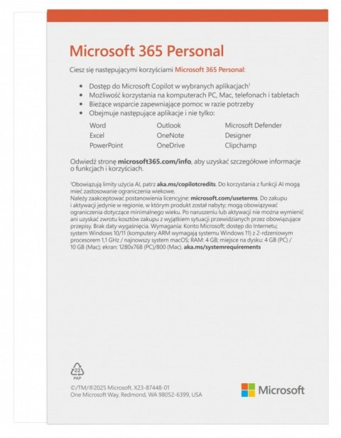 M365 Personal PL 1Y 1U 5D Win/Mac Box EP2-32454 Zastępuje P/N: QQ2-01752 Microsoft