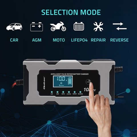 Mikroprocesorowa ładowarka 12V 10A | Prostownik z funkcją naprawy do akumulatora AGM GEL LiFePO4 | LCD Qoltec