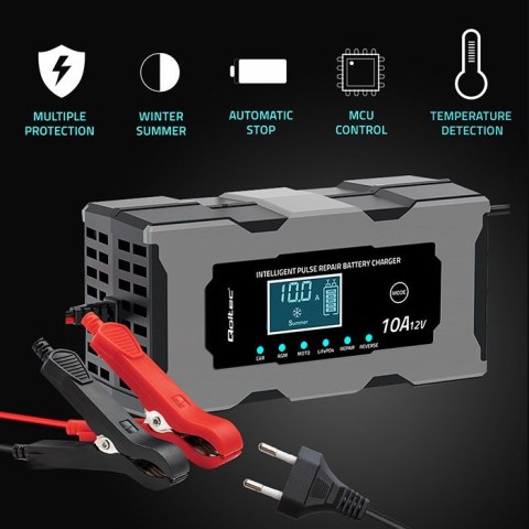 Mikroprocesorowa ładowarka 12V 10A | Prostownik z funkcją naprawy do akumulatora AGM GEL LiFePO4 | LCD Qoltec