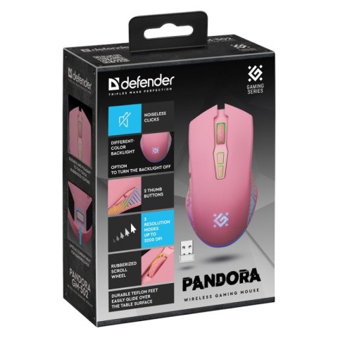 Mysz gamingowa bezprzewodowa PANDORA RF 3200DPI 7P różowa Defender