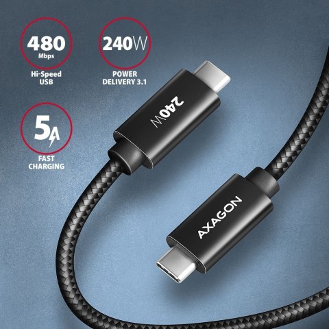 BUCM2-CM15AB Kabel USB-C - USB-C, 1.5m 5A charging, ALU, 240W PD, oplot, USB2.0, czarny AXAGON