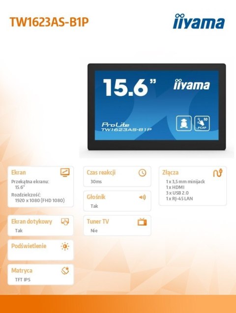 Monitor 16 cali TW1623AS-B3P,10P.DOT.IPS,ANDROID13,WIFI,24/7,RJ45, HDMI,3xUSB,CMS (iiSignage2) IIYAMA