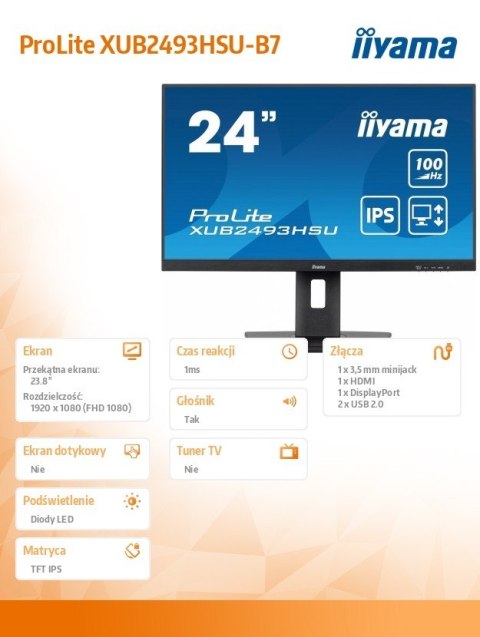 Monitor 24 cale XUB2493HSU-B7,IPS.HDMI.DP.2x2W.USBx2,300cd IIYAMA