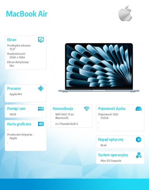 MacBook Air 13,6 cali: M4 10/10, 16GB, 512GB, 35W - Niebieski - MC6T4ZE/A/P1/D1 Apple