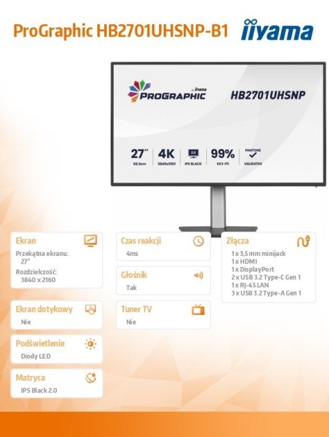 Monitor 27 cali ProGraphic HB2701UHSNP-B1 4K,IPS BLACK 2.0,450cd,VESA USB-c dock(PD:96W),HDMI,DP,DAISY/CHAIN,4xUSB,RJ45,3000:1,s IIYAMA