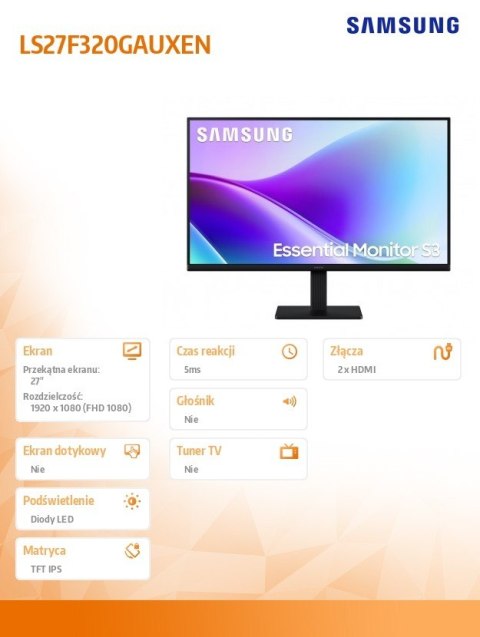 Monitor 27 cali S32GF IPS 1920x1080 FHD 16:9 2xHDMI 5ms 120Hz płaski 3YOn-Site (LS27F320GAUXEN) Samsung