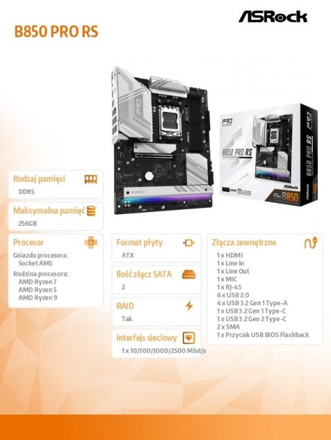 Płyta główna B850 PRO RS AM5 4DDR5 ATX ASRock