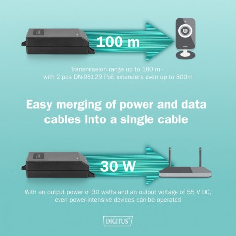 Zasilacz/Adapter PoE+ 802.3at aktywny max. 55V 30W 10/100/1000Mbps, transmisja do 100m Digitus