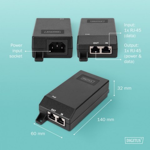Zasilacz/Adapter PoE+ 802.3at aktywny max. 55V 30W 10/100/1000Mbps, transmisja do 100m Digitus