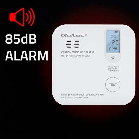 Czujnik tlenku węgla z baterią | alarm 85dB | LED Qoltec
