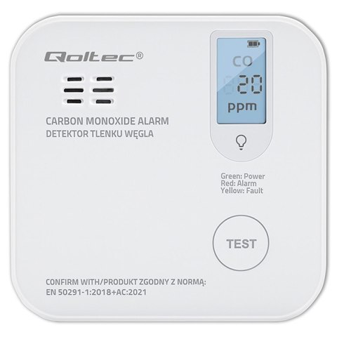Czujnik tlenku węgla z baterią | alarm 85dB | LED Qoltec