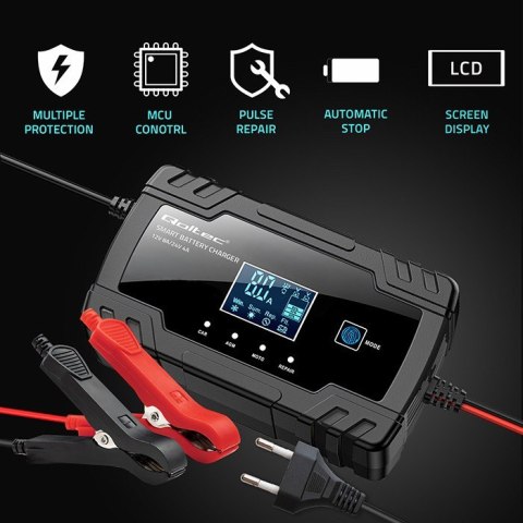 Inteligentna mikroprocesorowa ładowarka 12V 8A | 24V 4A |Prostownik z funkcją naprawy do akumulatora AGM GEL | LCD Qoltec