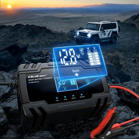 Inteligentna mikroprocesorowa ładowarka 12V 8A | 24V 4A |Prostownik z funkcją naprawy do akumulatora AGM GEL | LCD Qoltec