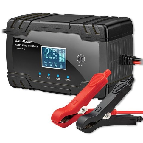 Inteligentna mikroprocesorowa ładowarka 12V 8A | 24V 4A |Prostownik z funkcją naprawy do akumulatora AGM GEL | LCD Qoltec