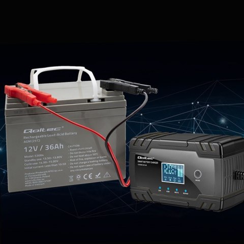 Inteligentna mikroprocesorowa ładowarka 12V 8A | 24V 4A |Prostownik z funkcją naprawy do akumulatora AGM GEL | LCD Qoltec