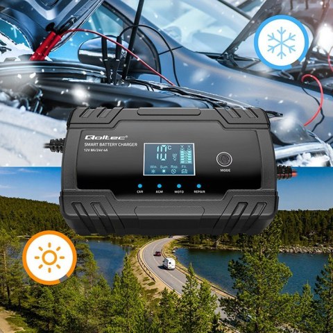 Inteligentna mikroprocesorowa ładowarka 12V 8A | 24V 4A |Prostownik z funkcją naprawy do akumulatora AGM GEL | LCD Qoltec