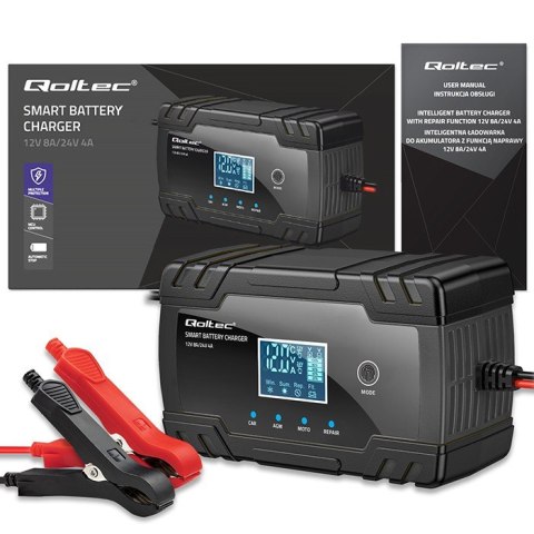 Inteligentna mikroprocesorowa ładowarka 12V 8A | 24V 4A |Prostownik z funkcją naprawy do akumulatora AGM GEL | LCD Qoltec