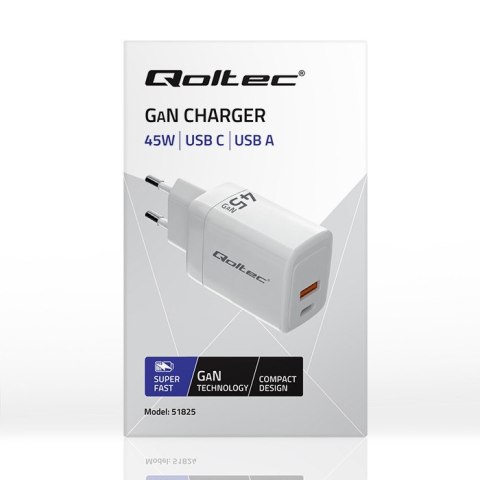 Ładowarka sieciowa 45W GaN | 5-20V | 1.5-3A | 1xUSB-C PD | 1xUSB QC 3.0 | Biała Qoltec
