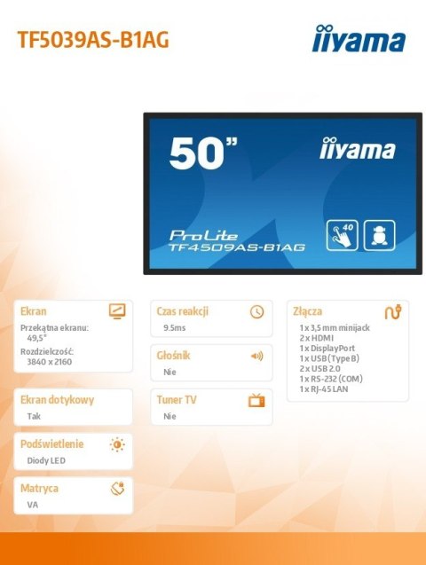 Monitor 50 cali TF5039AS-B1AG, VA,4K,HDMIx2,DP,RJ45,3xUSB,2x10W, ANDROID,24/7,IP65 IIYAMA