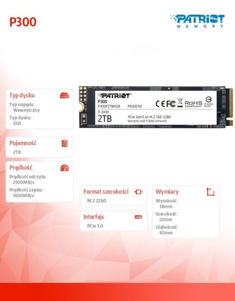 Dysk SSD P300 2TB M.2 PCIe Gen 3 x4 2100/1650 Patriot