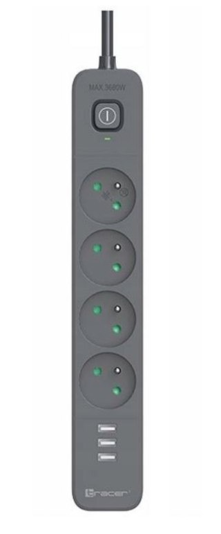 Listwa zasilająca antyprzepięciowa Power Line+ mobile ready 1.5m (4 gniazda + 3x USB A, 5V 2.4A) Tracer