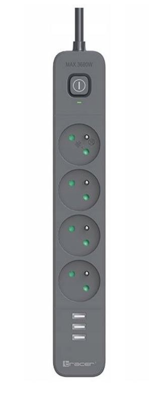 Listwa zasilająca antyprzepięciowa Power Line+ mobile ready 1.5m (4 gniazda + 3x USB A, 5V 2.4A) Tracer