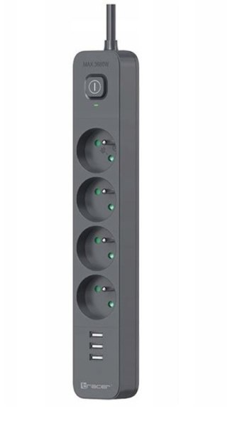 Listwa zasilająca antyprzepięciowa Power Line+ mobile ready 1.5m (4 gniazda + 3x USB A, 5V 2.4A) Tracer