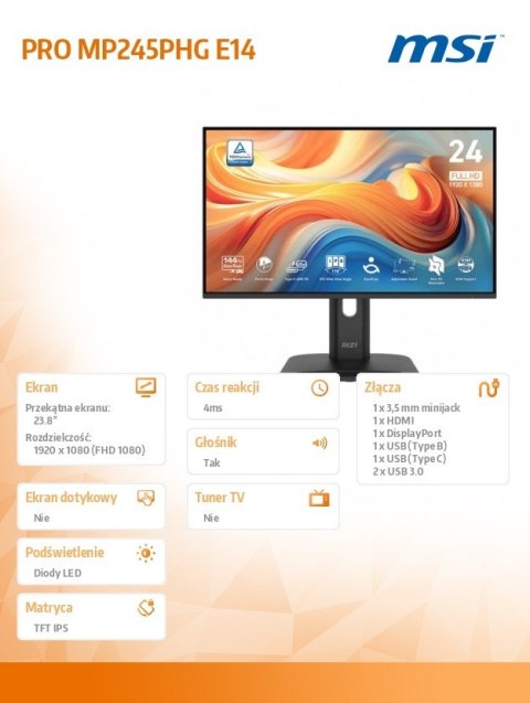 Monitor PRO MP245PHG E14 23.8 cala/LED/FHD/Flat/144Hz/Black MSI