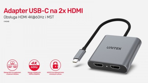 Adapter USB-C - 2x HDMI 2.0; 4K MST; M/F Unitek
