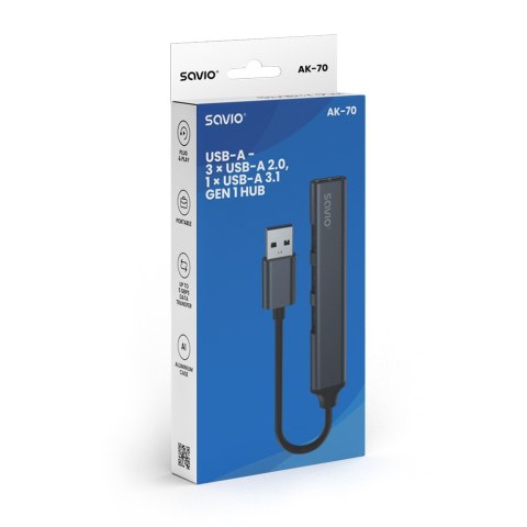 Hub 4 porty USB-A - 3 x USB-A 2.0, 1 x USB-A 3.0, 5 Gbps, Aluminium, AK-70 Savio