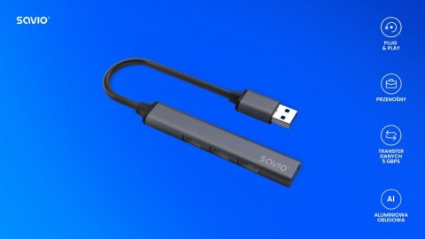 Hub 4 porty USB-A - 3 x USB-A 2.0, 1 x USB-A 3.0, 5 Gbps, Aluminium, AK-70 Savio