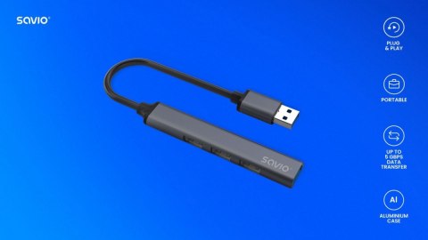 Hub 4 porty USB-A - 3 x USB-A 2.0, 1 x USB-A 3.0, 5 Gbps, Aluminium, AK-70 Savio