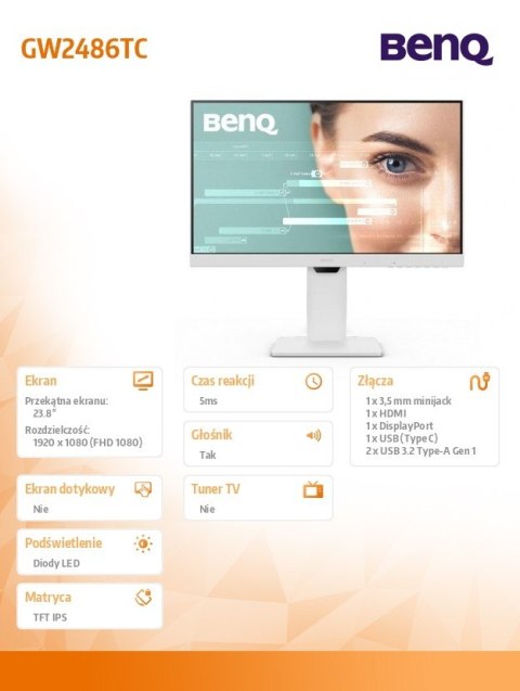 Monitor 23.8 cala GW2486TC LED 4ms/1300:1/IPS/100Hz Benq