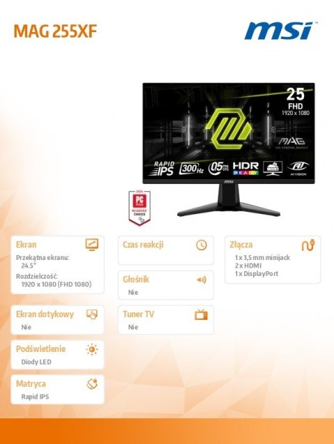 Monitor MAG 255XF 24.5 cala/LED/FHD/Flat/300Hz/Black MSI