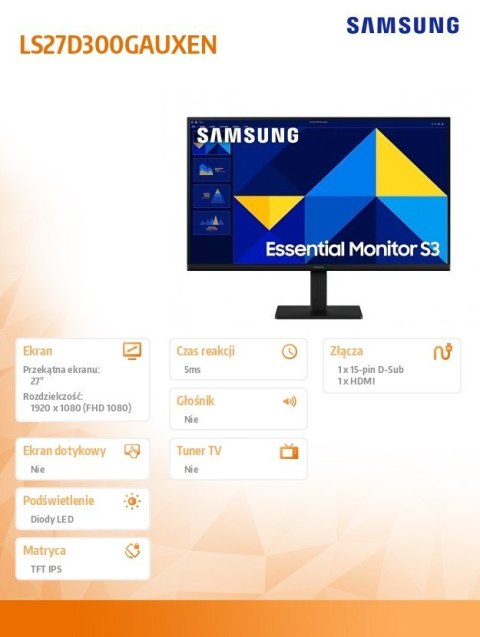 Monitor 27 cali S30GD IPS 1920x1080 FHD 16:9 1xHDMI 1xD-Sub 5ms 100Hz płaski 3YOn-Site (LS27D300GAUXEN) Samsung