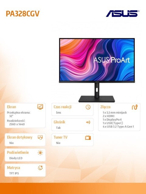 Monitor 32 cale PA328CGV PROART IPS WQHD 165Hz 100% sRGB HDR600 100MLN:1 600cd/m2 HDMI DP USB USB-C Głośnik PIVOT Asus