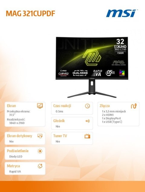 Monitor MAG 321CUPDF 31.5 cala/LED/UHD/Curved/160HZ/Black MSI
