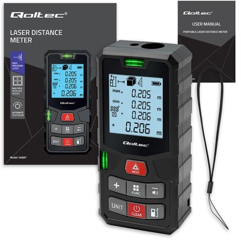 Cyfrowy dalmierz laserowy z poziomicą | podświetlany LCD | 120m Qoltec