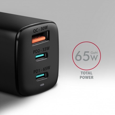 ACU-DPQ65 Ładowarka sieciowa, GaN 65W, 3x port (USB-A + dual USB-C), PD3.0/QC4+/PPS/Apple, czarna AXAGON