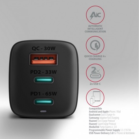 ACU-DPQ65 Ładowarka sieciowa, GaN 65W, 3x port (USB-A + dual USB-C), PD3.0/QC4+/PPS/Apple, czarna AXAGON