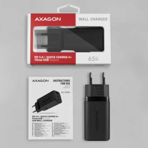 ACU-DPQ65 Ładowarka sieciowa, GaN 65W, 3x port (USB-A + dual USB-C), PD3.0/QC4+/PPS/Apple, czarna AXAGON