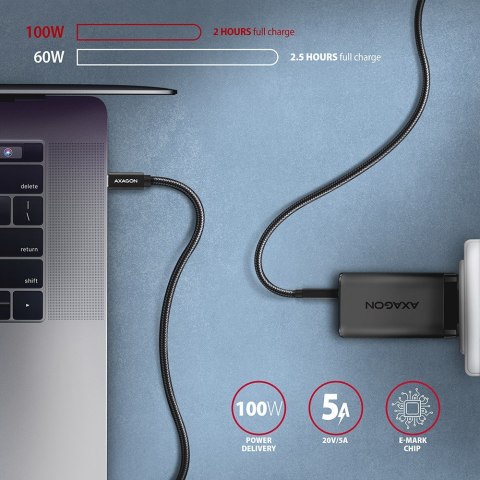 BUCM32-CM05AB Kabel USB-C - USB-C 3.2 Gen 2 0.5m, PD 100W, 5A, 4K HD, ALU, oplot, czarny AXAGON